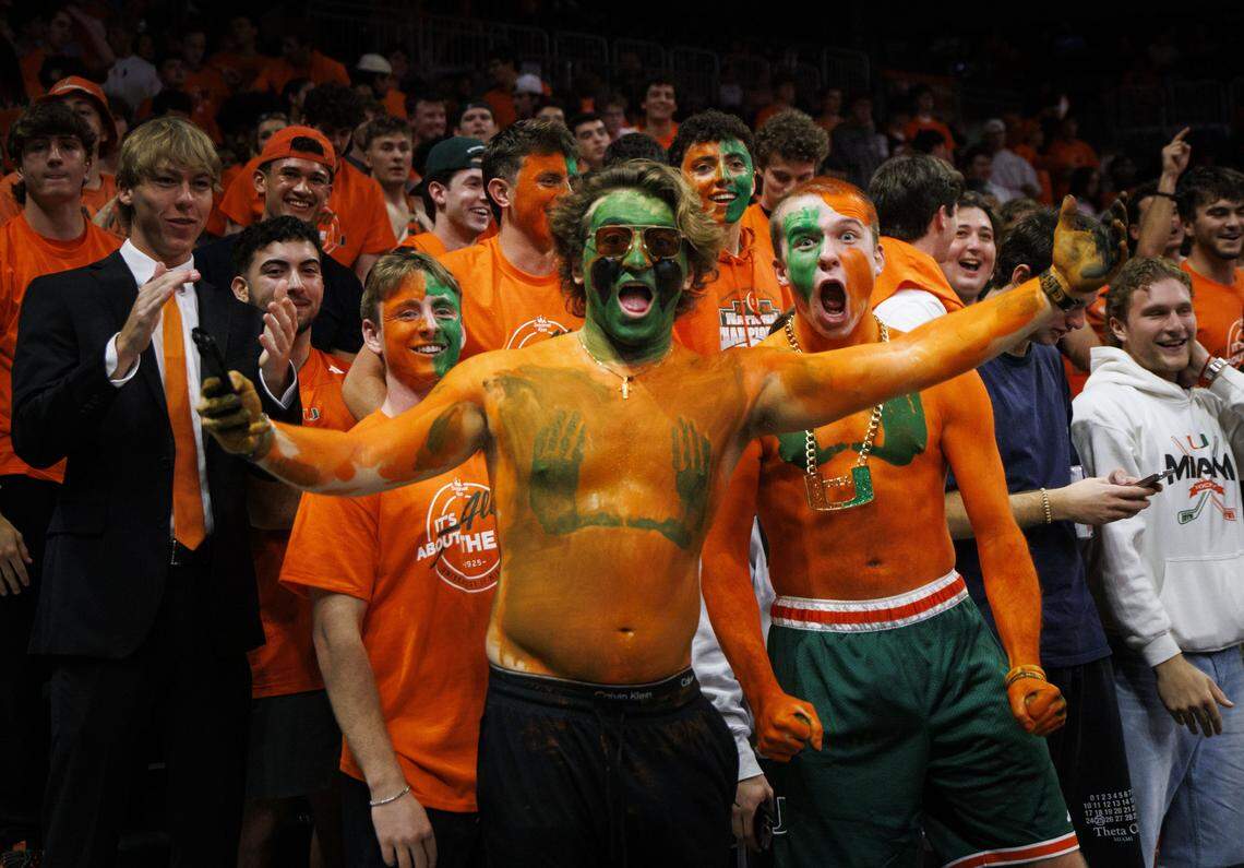 Miami Hurricanes student section cheers during the first half of a game against the North Carolina Tar Heels on Tuesday, Feb. 10, 2026, at the Watsco Center in Coral Gables, Fla.