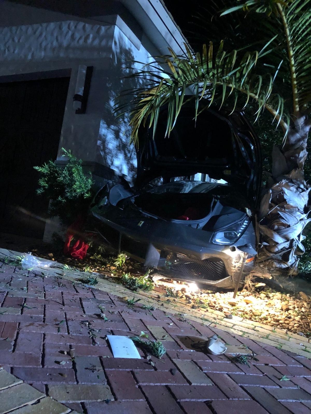 A picture of what a witness says is the crashed 2018 Ferrari 488 Spider. The photographer, who wishes to remain anonymous, said the Ferrari was crashed into a house about 200 yards from Patsy Truglia’s Parkland house.