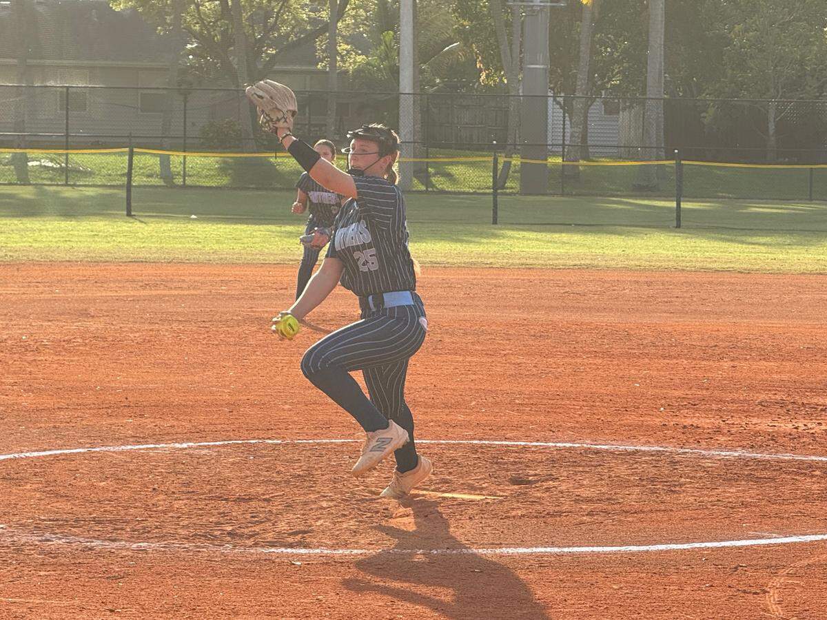 Coral Springs Charter pitcher Courtney Wahlbrink pitches against Western in Wednesday night’s BCAA Big 8 softball championship game at Pompano Beach Community Park.