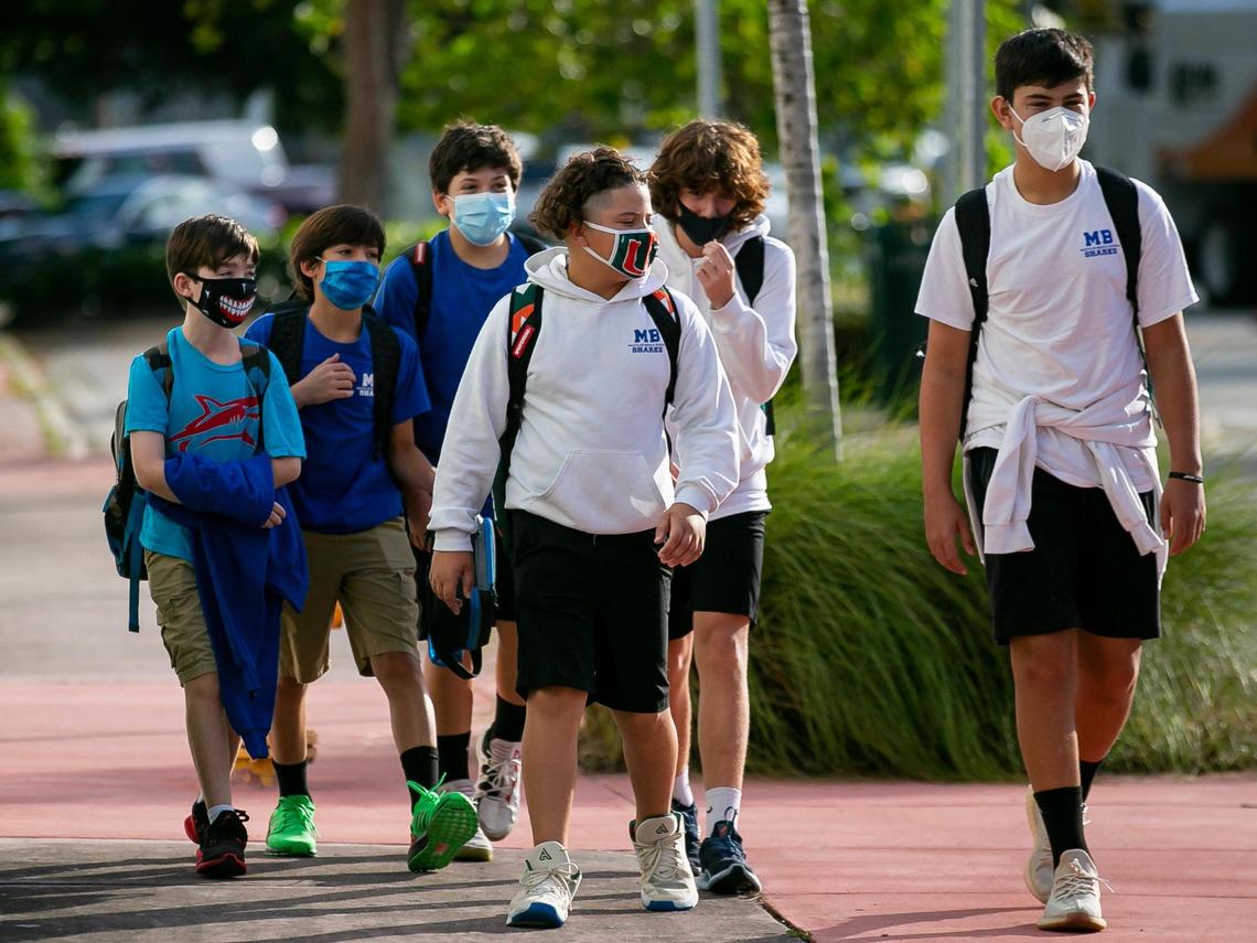 Students arrive at Miami Beach Nautilus Middle School for in-person classes on Friday, Oct. 9, 2020.