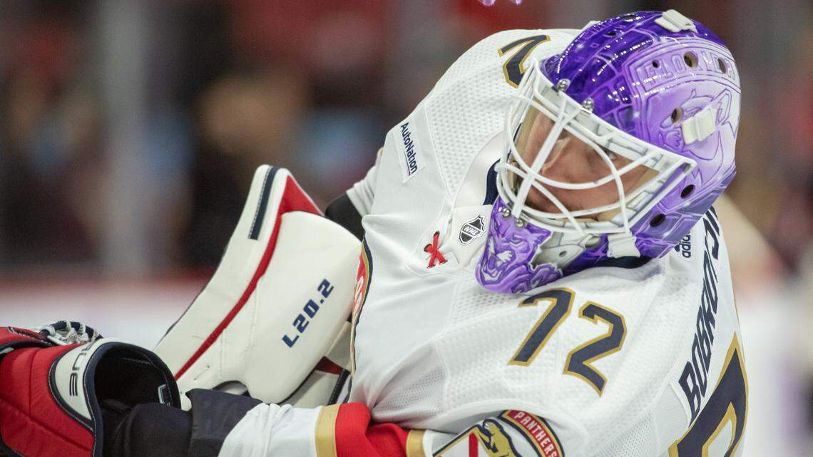 Nov 27 2023; Ottawa, Ontario, CAN; Florida Panthers goalie Sergei Bobrovsky (72) warms up prior to the start of game against the Ottawa Senators at the Canadian Tire Centre. Mandatory Credit: Marc DesRosiers-USA TODAY Sports