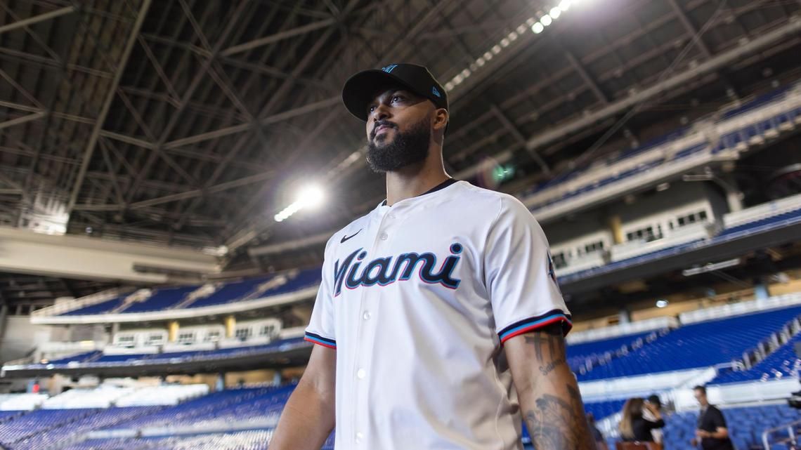 Miami Marlins pitcher Sandy Alcántara walks on the field during his team’s media day at loanDepot park on Friday, Feb. 7, 2025, in Miami, Fla.
