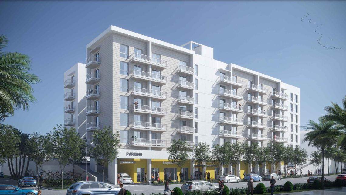 The workforce housing development called Mia, pictured above in a rendering, would bring 120 apartment rentals with capped rents at the 80% area median income.