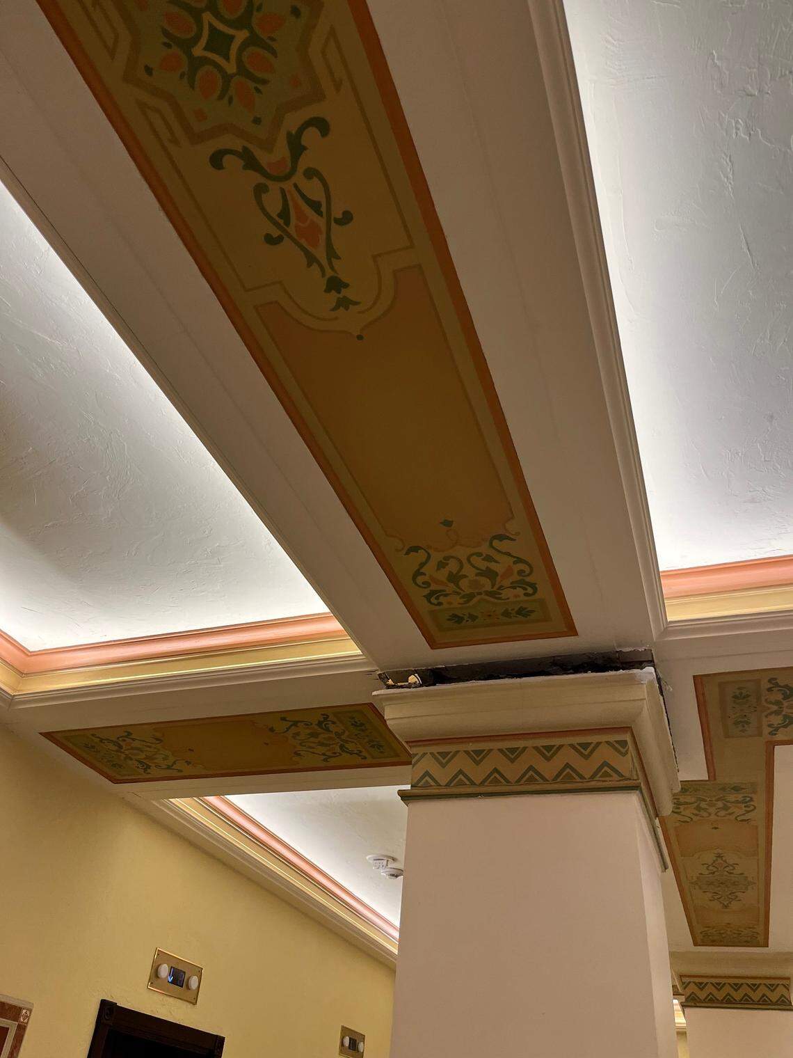 Coral Gables halted unauthorized renovation work in the lower lobby of the city-owned, 1926 Biltmore Hotel that has covered architectural features such as stencils and historic colors on columns and ceiling beams with white paint and mirrored glass.