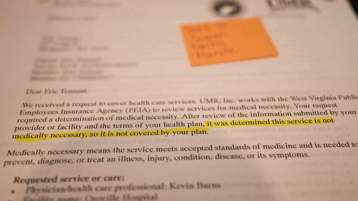 For months, Eric Tennant’s health insurance refused to cover a cancer treatment recommended by his doctor, claiming the procedure was “not medically necessary,” a common reason used by health insurers to deny care. (A portion of this photo is digitally blurred to protect patient privacy.)