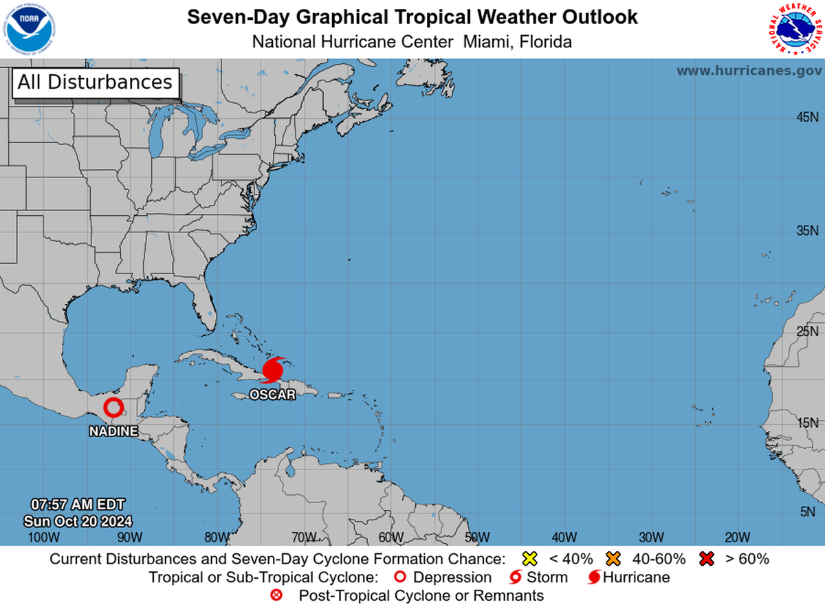 The two systems, Hurricane Oscar and Tropical Depression Nadine, as of 8 a.m. Sunday.