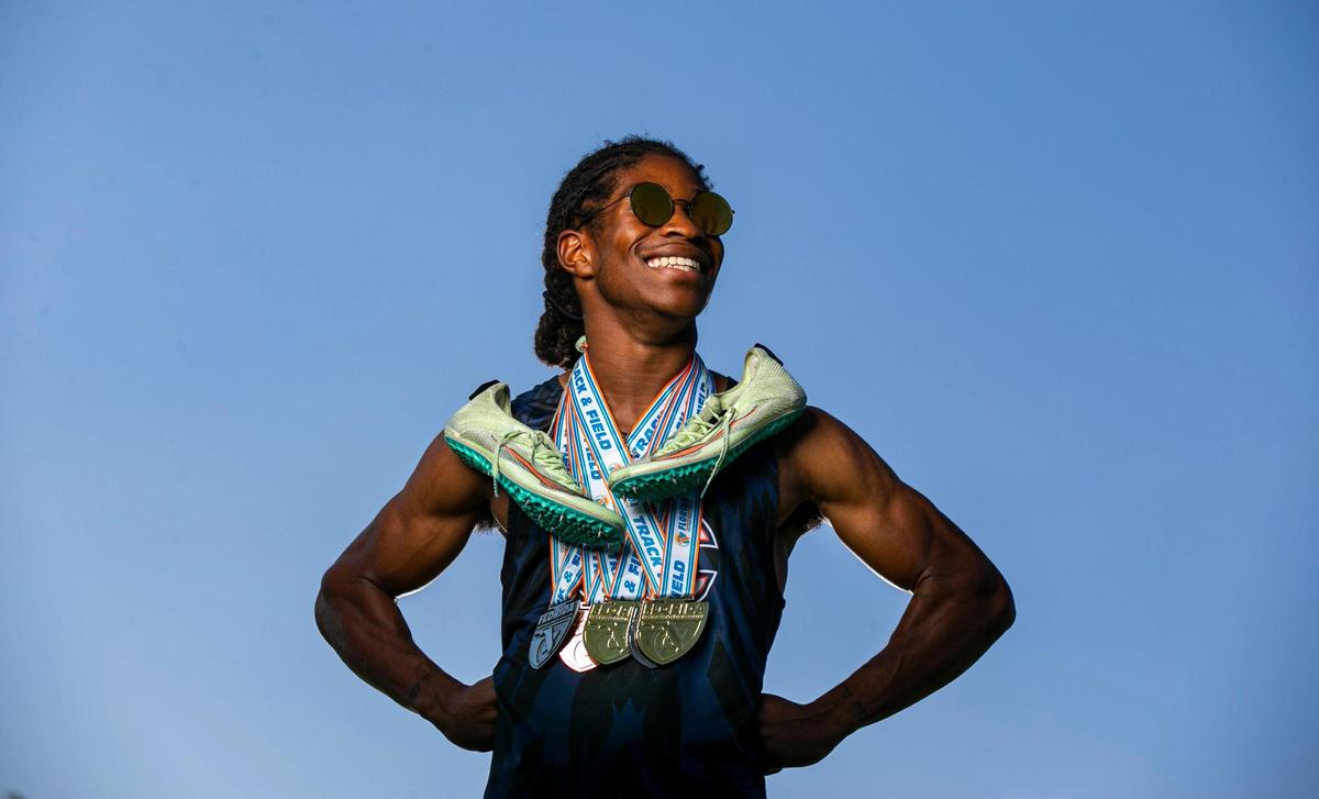 Dade Track and Field Player of the Year Darren McQueen, from Christopher Columbus High School, is photographed at A.D. Barnes Park in Miami, Florida on Wednesday, May 18, 2022.