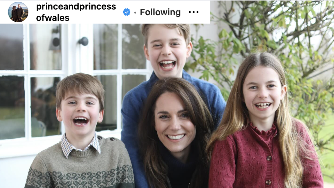 Kate Middleton sitting in chair with her three children.