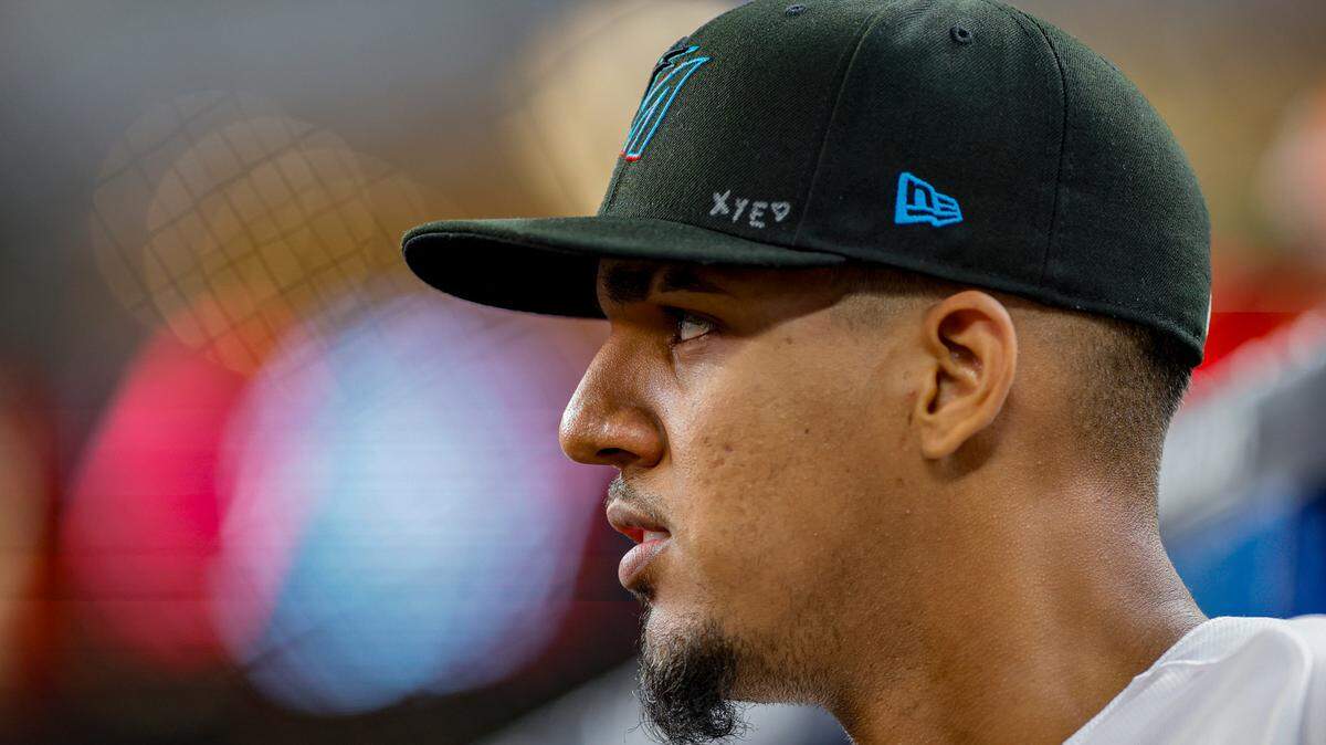 Jun 25, 2023; Miami, Florida, USA; Miami Marlins starting pitcher Eury Perez (39) looks on prior to the game against the Pittsburgh Pirates at loanDepot Park. Mandatory Credit: Sam Navarro-USA TODAY Sports