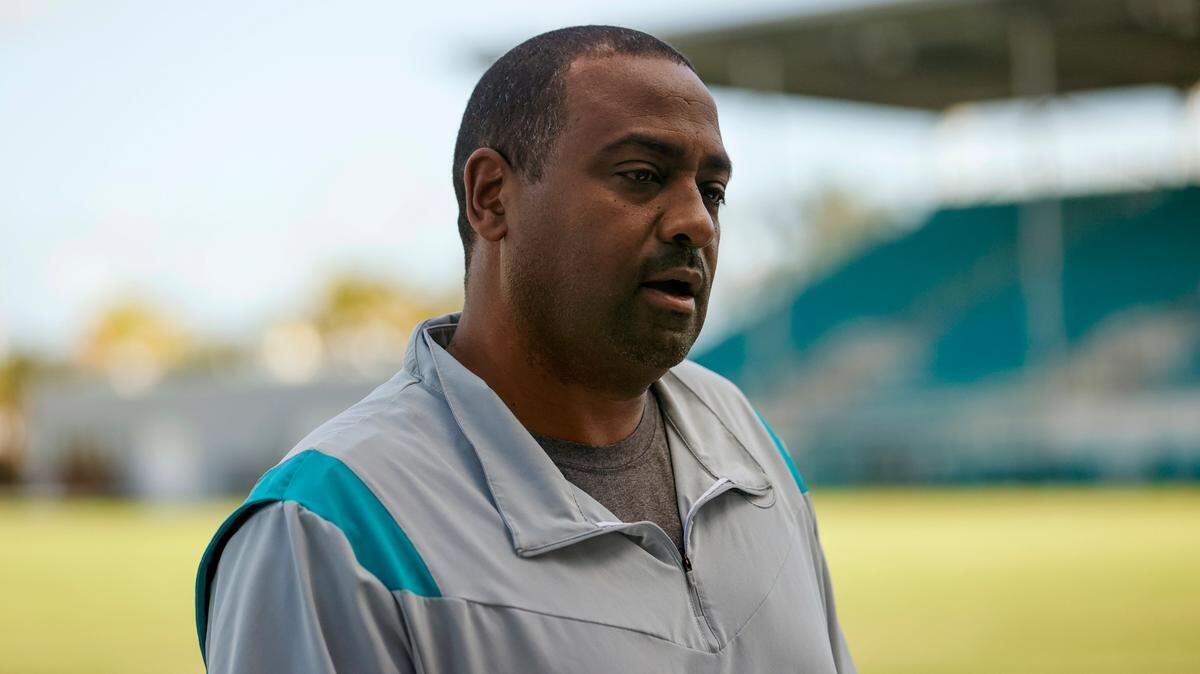 Miami Dolphins assistant head coach and tight ends Jon Embree talks with the reporters during media availability at Baptist Health Training Complex in Hard Rock Stadium on Wednesday, February 23, 2022 in Miami Gardens, Florida.