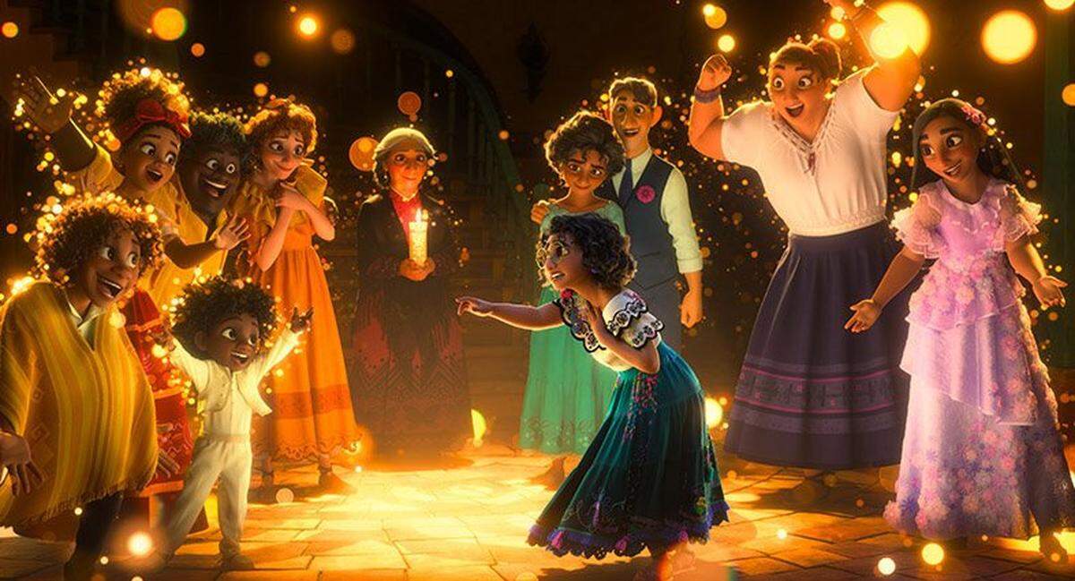 “Encanto” tells the story of the extended Madrigal family, including, clockwise from center: the heroine Mirabel (voice of Stephanie Beatriz); her cousins Antonio (Ravi Cabot-Conyers), Camilo (Rhenzy Feliz) and Dolores (Adassa); Uncle Félix (Mauro Castillo) and Aunt Pepa (Carolina Gaitan); her grandmother, Abuela Alma (María Cecilia Botero); her mother Julieta (Angie Cepeda) and father Agustín (Wilmer Valderrama); and her sisters Luisa (Jessica Darrow) and Isabela (Diane Guererro). 