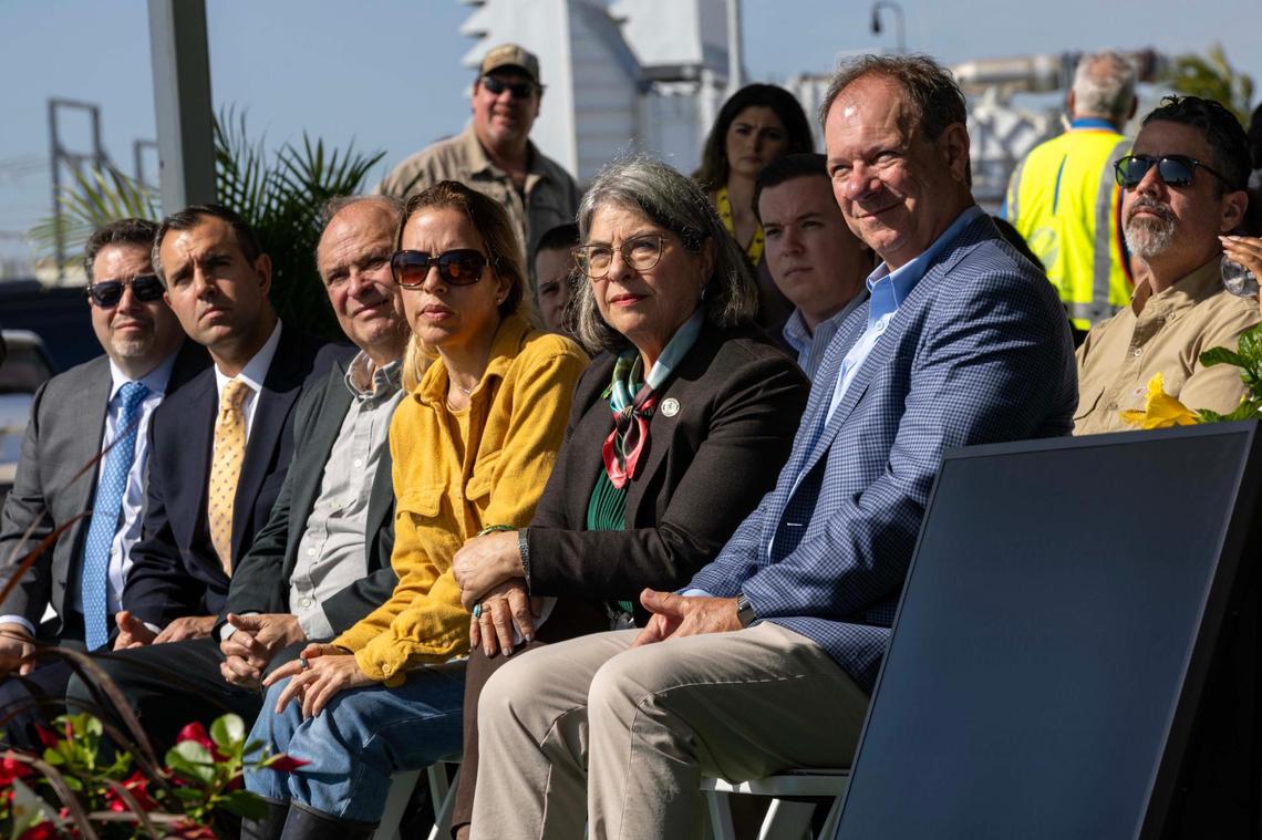 From left to right, Miami-Dade Commissioner Raquel A. Regalado, Mayor Daniella Levine Cava, and President and CEO of Florida Power & Light Armando Pimentel Jr. listen to a speaker during the unveiling of the FPL Miami-Dade Clean Water Recovery Center (CWRC) at FPL Turkey Point Nuclear Generating Station on Wednesday, January 15, 2025, in Homestead, Fla. The CWRC is one of the largest reuse projects in Florida which will further treat and reuse up to 15 million gallons per day of reclaimed water from the county. FPL will use 100% of that reclaimed water to cool the natural gas plant at FPL’s Turkey Point Clean Energy Center (Unit 5).