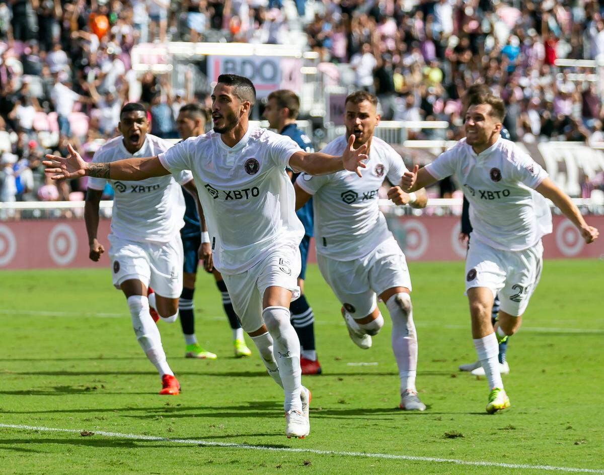 Inter Miami defender Nicolas Figal (5) celebrates after scoring a goal against New York City FC during the second half of their MLS soccer match at DRV PNK Stadium on Saturday, October 30, 2021, in Fort Lauderdale, Florida.