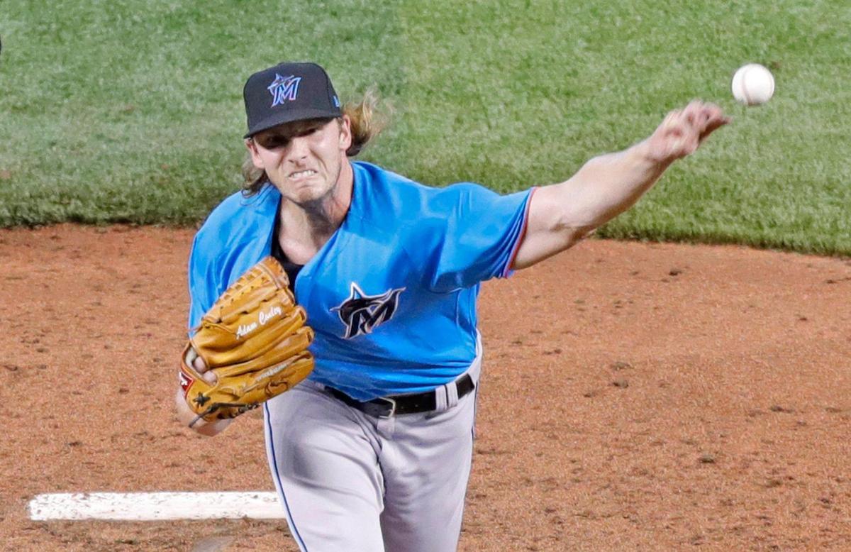 Miami Marlins pitcher Adam Conley throws a live batting practice session during Marlins training camp at Marlins Park on Wednesday, July 8, 2020.