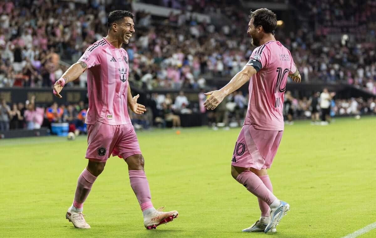 Inter Miami forward Lionel Messi (10) celebrates with forward Luis Suárez (9) after scoring a goal against Cruz Azul in the first half of their 2026 Campeones Cup soccer match at Nu Stadium on Wednesday, Sept. 16, 2026, in Miami, Fla.