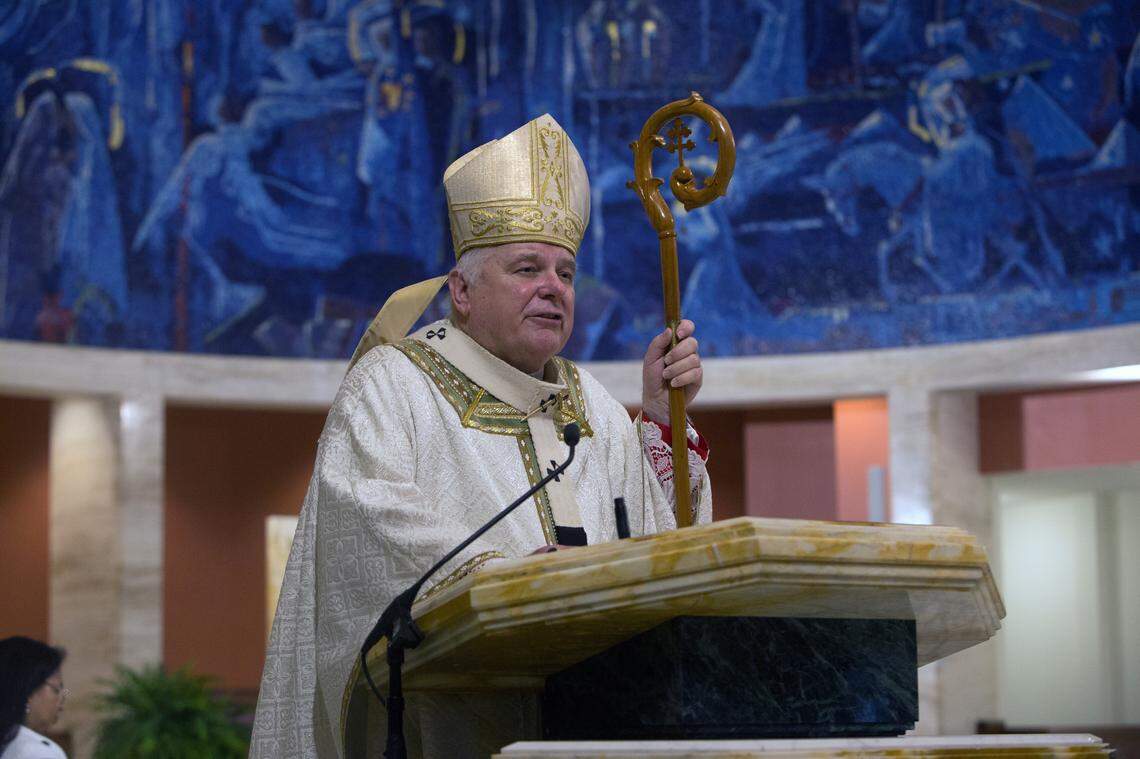 Miami Archbishop Thomas Wenski preaching during the Holy Thursday Mass of the Lord’s Supper at the Cathedral of St. Mary, live-streamed at 6 pm. on April 9, 2020, due to churches closed to in-person Masses amid the coronavirus pandemic.