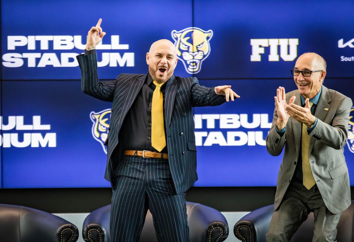 Cuban-American recording artist Pitbull announces an athletic partnership with FIU at Tamiami Hall on Tuesday, August 6, 2024 in Miami, Fla.