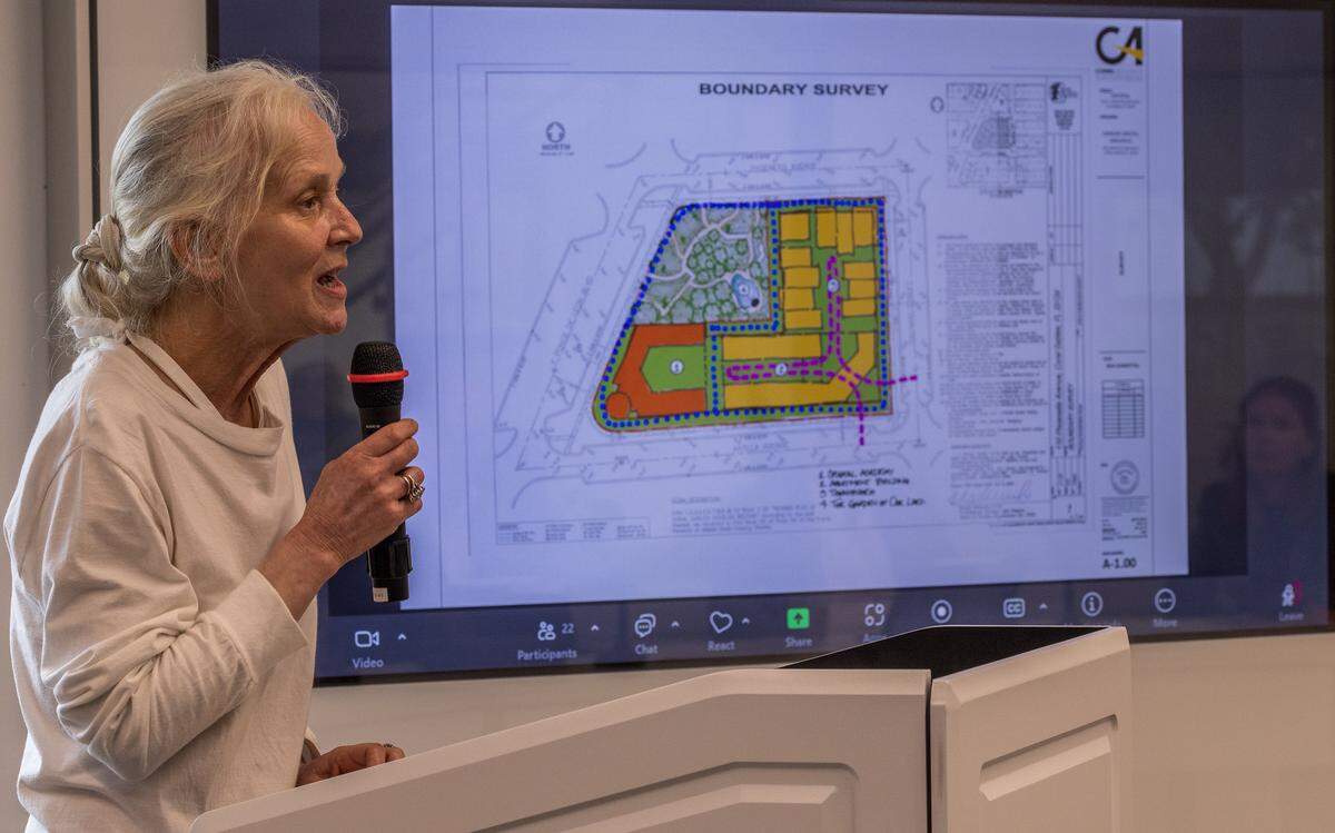 Resident Bonnie Bolton speaks during a Board of Architects meeting at City Hall, to discuss items related to the site located 110 Phonetia Avenue, in the Douglas Section of the City, positioned along East Ponce de Leon Boulevard, bound by Phoenetia Avenue on the North, Antilla Avenue on the South and Galiano Street on the East, in Coral Gables, home of the St. James Evangelical Lutheran Church of Coral Gables and the Crystal Academy, bought by the Century Homebuilders Group in 2021 with plans to develop a project called Crystal, a 9-story mixed-use building, on Thursday, August 07, 2025.