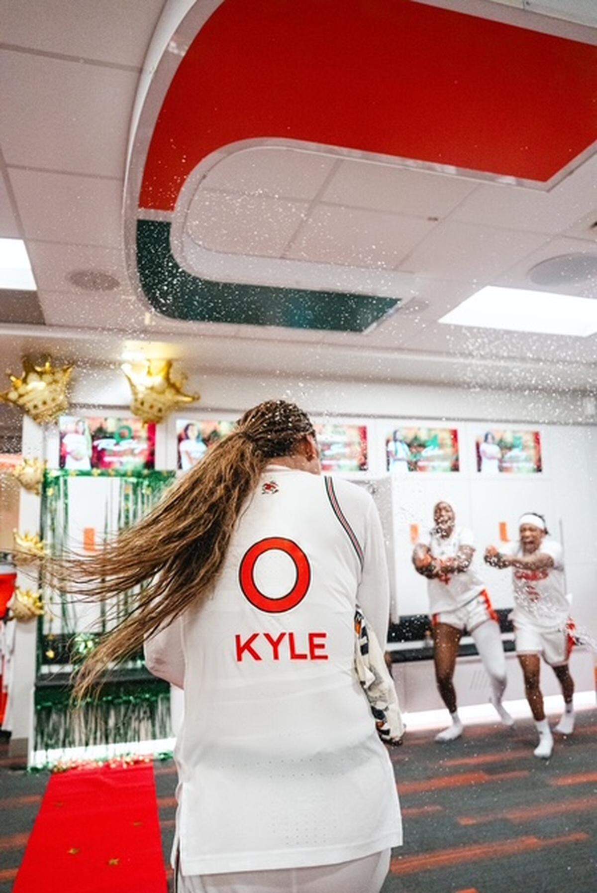 University of Miami center Ra Shaya Kyle was doused in water by teammates after scoring a career-high 36 points on Senior Night in a 79-58 win over Pitt.