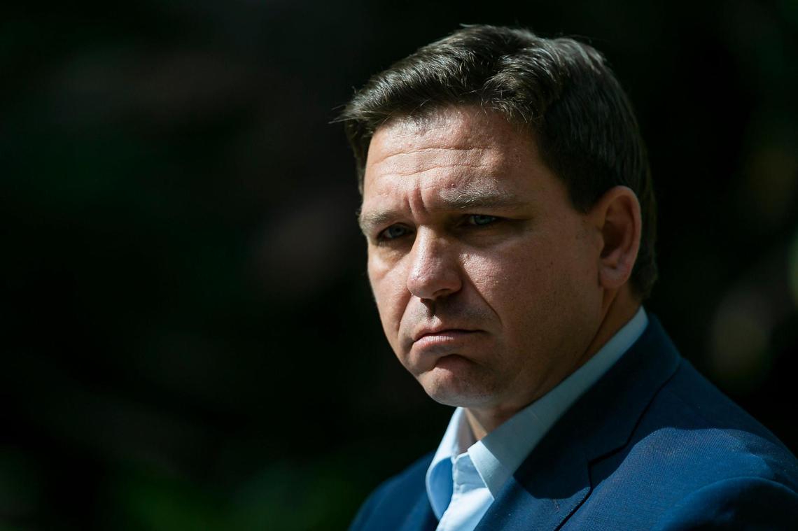 Florida Gov. Ron DeSantis speaks during a press conference at Vizcaya Museum & Gardens in Miami on Tuesday, Feb. 1, 2022. DeSantis announced $404 million in climate change preparation funds.