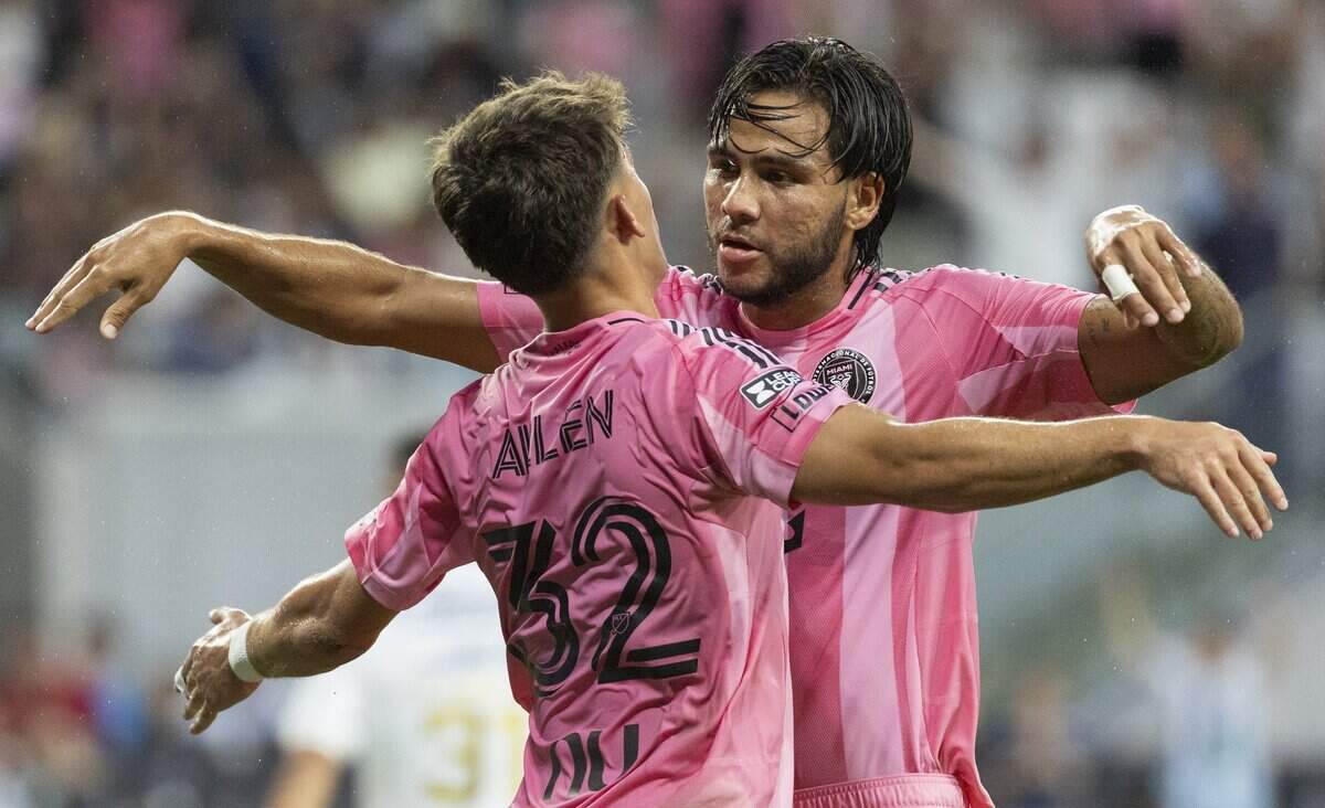 Inter Miami midfielder Telasco Segovia (8) celebrates with defender Noah Allen (32) after scoring a goal against Atlético San Luis in the first half of their Leagues Cup 2026 soccer match at Nu Stadium on Wednesday, Aug. 5, 2026, in Miami, Fla.