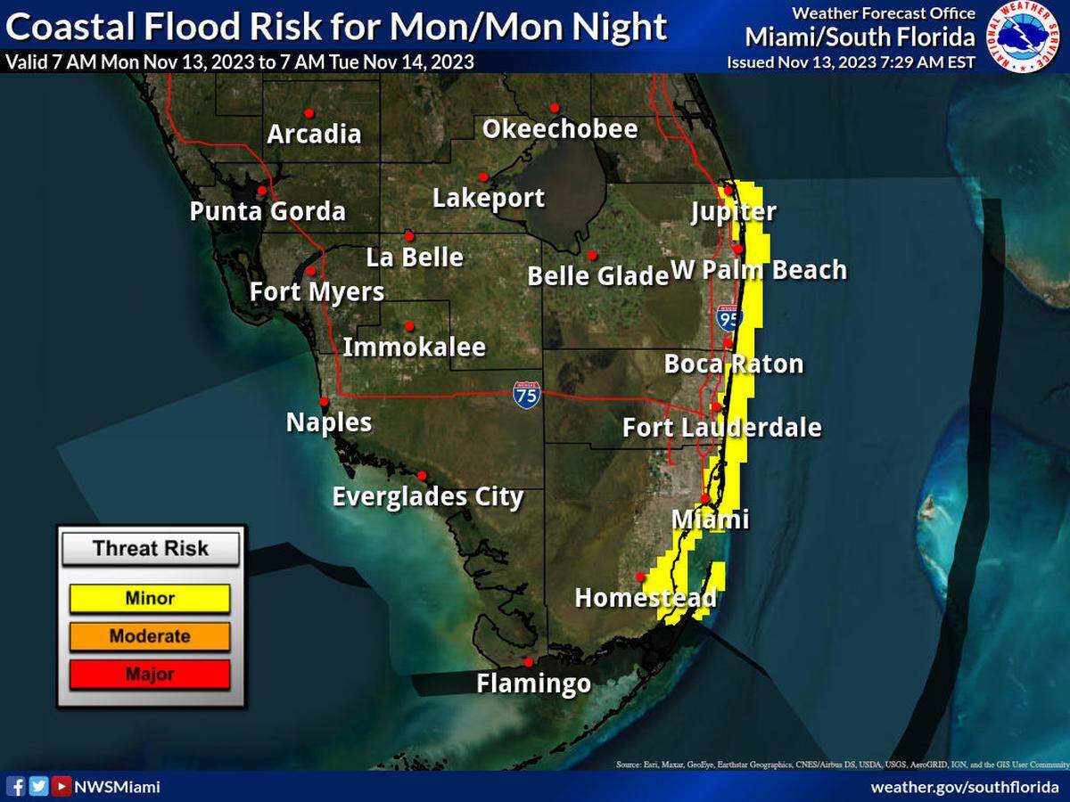 Risk of coastal flooding for South Florida on Monday, Nov. 13, 2023.