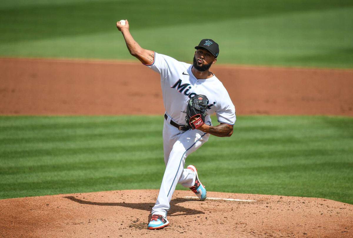 Sandy Alcantara #22 of the Miami Marlins delivers a pitch in the first inning against the New York Mets in a spring training game at Roger Dean Chevrolet Stadium on March 01, 2021 in Jupiter, Florida.