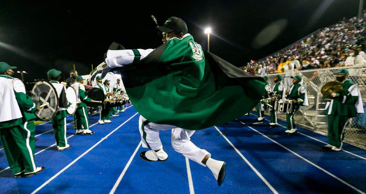 The Miami Central marching band performs as their school faces the Northwestern Bulls during a football game on Friday, October 1, 2021 at Nathaniel Traz Powell Stadium in Miami, Florida.