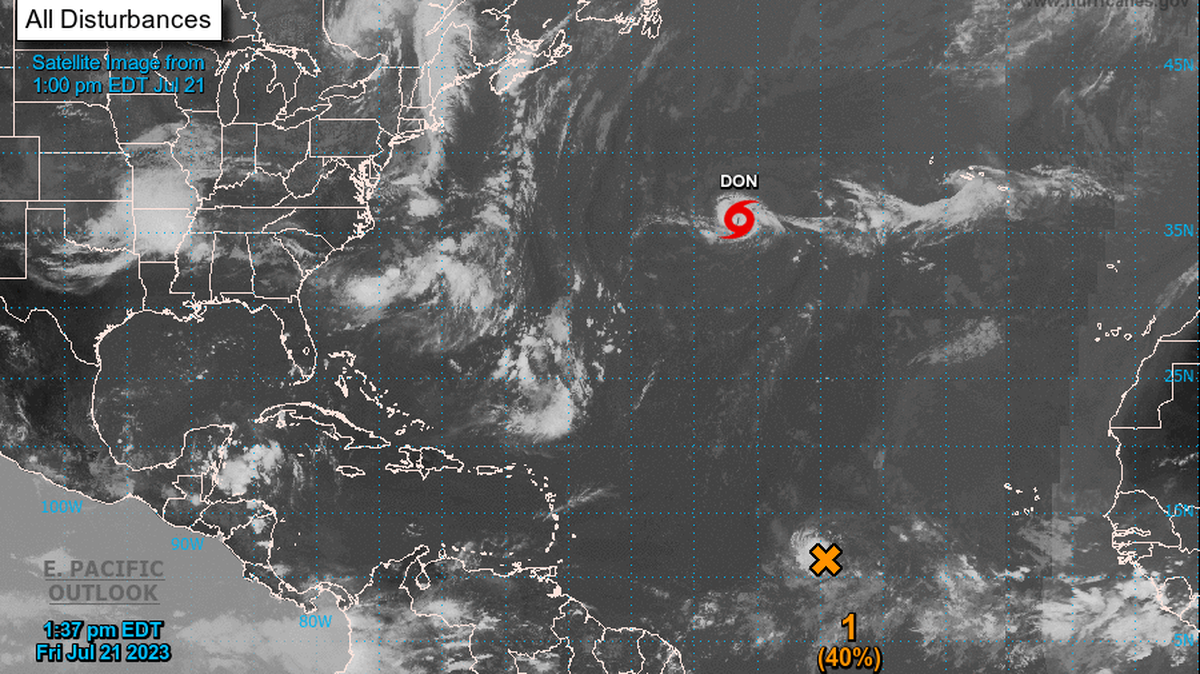 The National Hurricane Center’s 2 p.m. Friday, July 21, 2023, advisory map on Tropical Storm Don and a system in the central Tropical Atlantic.