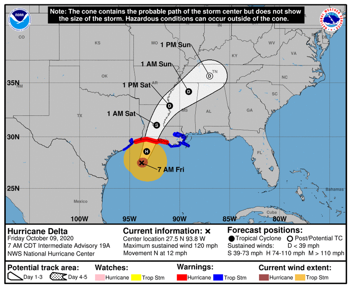 Hurricane Delta, a Cat 3 with 120 mph maximum winds, is expected to slightly weaken ahead of landfall.