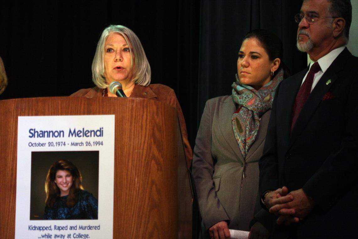 Seniors at Felix Varela Senior High are given a message about the importance of being aware and safe when off at college with the tragedy of murdered college student from Miami Shannon Melendi as an example of what being aware could help you escape. Pictured from left, Melendi’s mother Yvonne talks to students about a petition to keep her daughter’s murderer Colvin C. Hinton, III in jail and deny him parol, with her other daughter Monique and husband Luis by her side.
