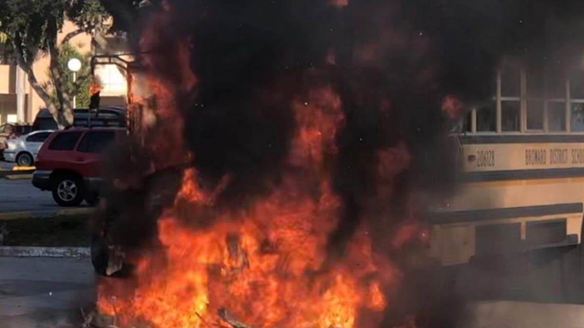 Fire breaks out on Broward County school bus Jan. 31, 2019, in Tamarac.