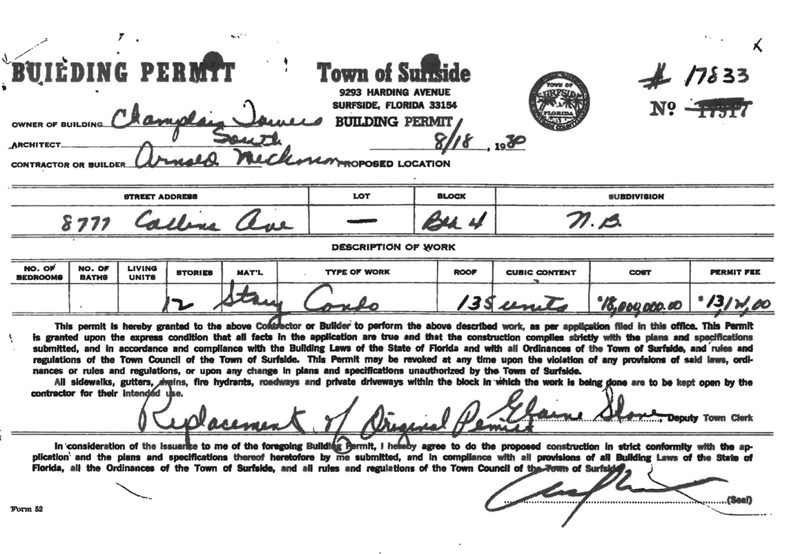 A building permit for Champlain Towers South, naming the third general contractor on the job since construction began.