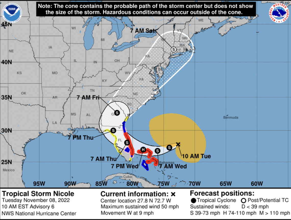 Forecasters are watching Tropical Storm Nicole as it nears Florida.