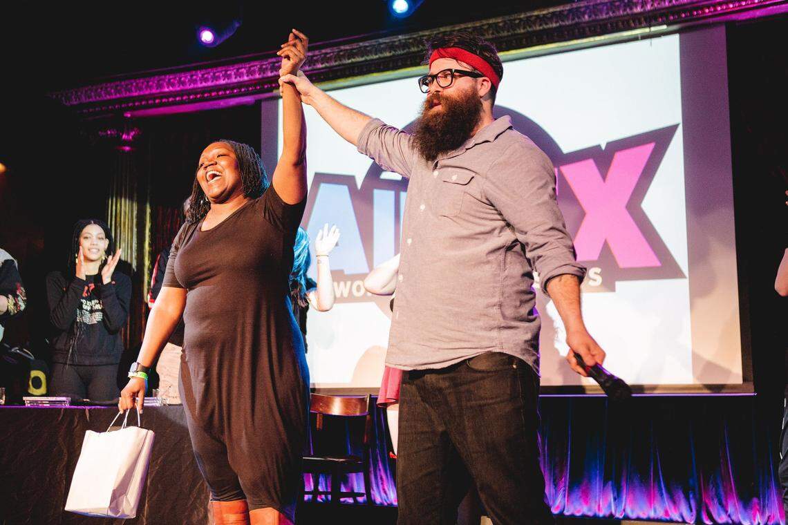 Chris Trew crowns an Air Sex champion known as “Chauncey” at the recent New York competition. Contestants choose their own stage names and the songs they use in their performances.
