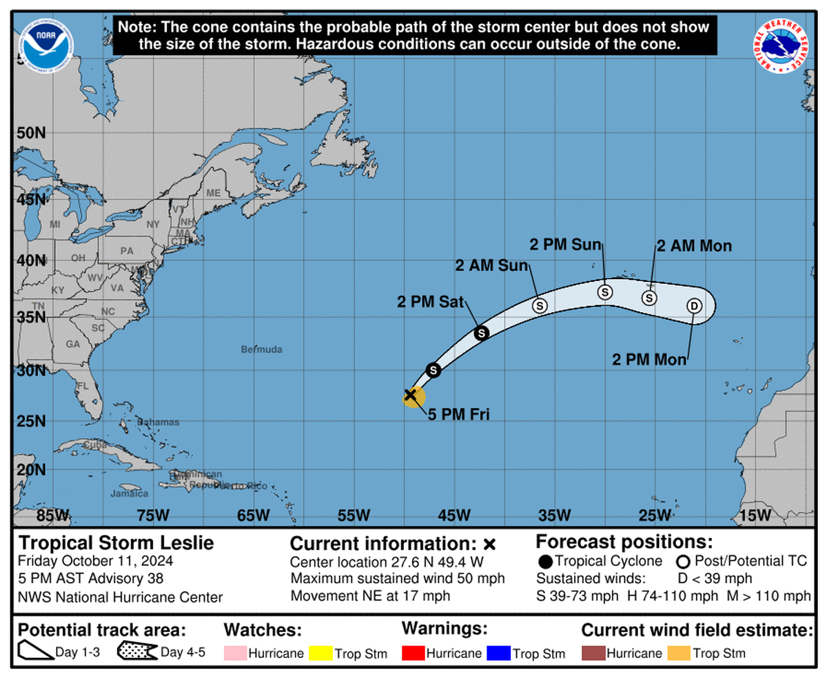 Tropical Storm Leslie’s National Hurricane Center forecast track on Friday, Oct. 11, 2024.