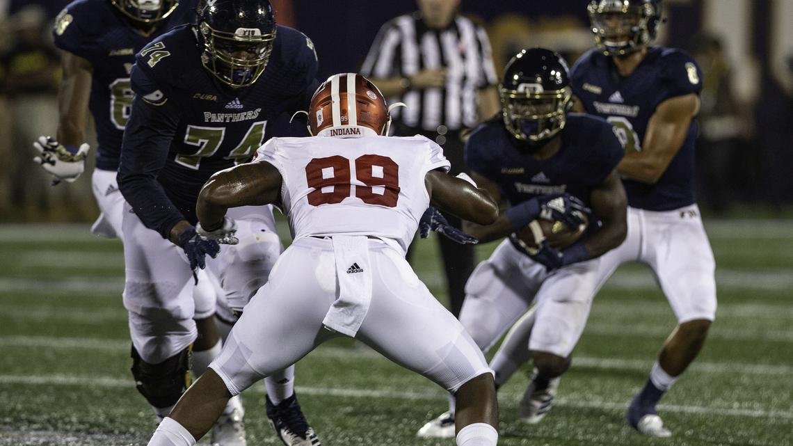 Indiana University defensive lineman Allen Stallings IV braces for a tackle in the second quarter of a football game against FIU at Riccardo Silva Stadium on Saturday, September 1, 2018.
