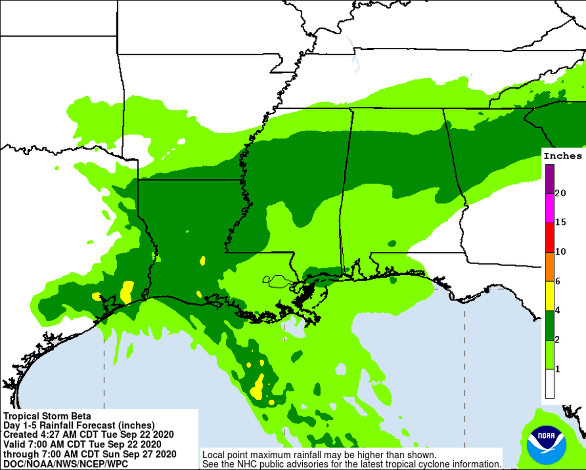 Tropical Depression Beta may bring several inches of rain to the spots in the Gulf hit hard by Hurricanes Laura and Sally.