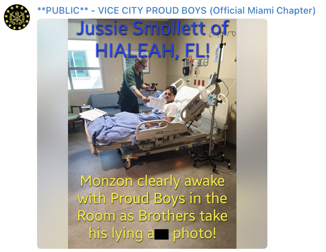 A post on the official Telegram channel of the Vice City Proud Boys criticized Christopher Monzon after the Republican Party canvasser distanced himself from the group at a court hearing for his alleged assailants.