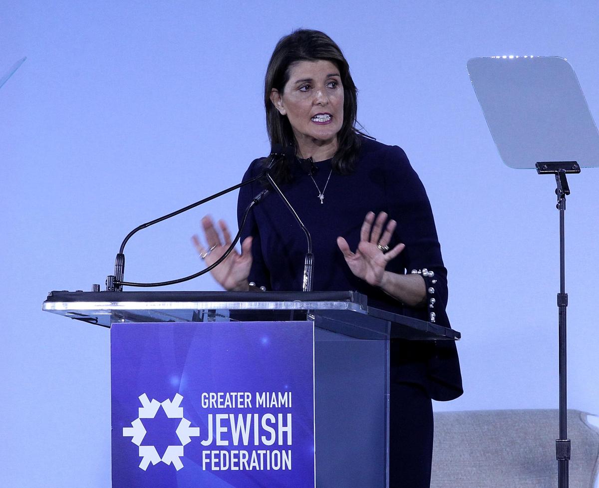 Former U.N. Ambassador Nikki Haley speaks after being honored by the Greater Miami Jewish Federation with the 2019 Friend of Israel Humanitarian Award at The Main Event, a major fundraiser for the Federation. She spoke before a sold-out crowd of more than 1,300 people at the Hilton Hotel in Miami on Tuesday.