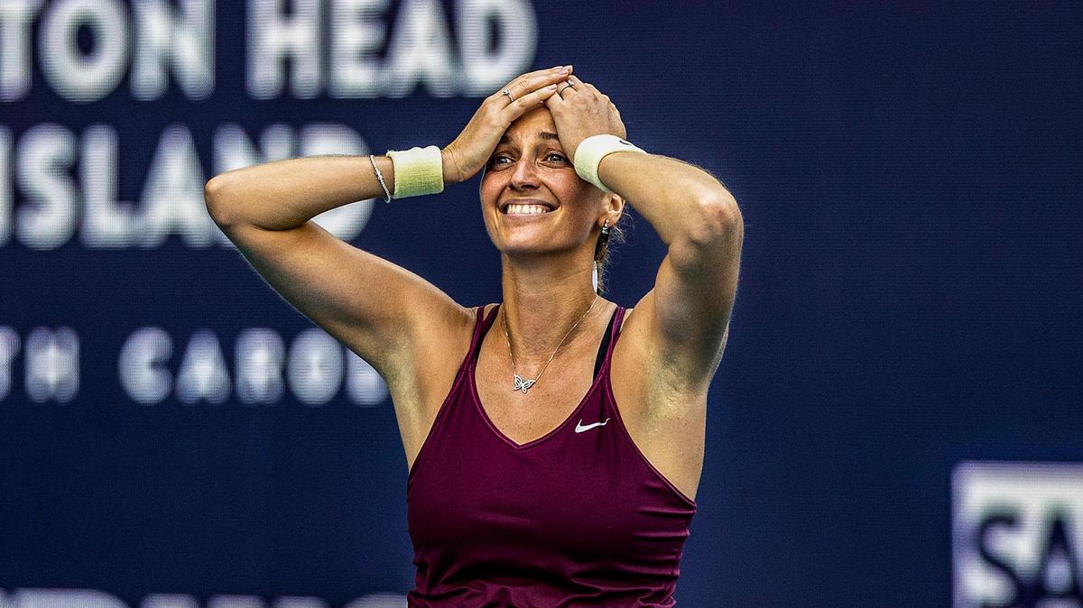 Petra Kvitová, (CZE), reacts as she defeats Elena Rybakina (KZA), 7-6, 6-2 to win the Miami Open Tennis Tournament 2023 at the Hard Rock Stadium in Miami Gardens, on Saturday April 1, 2023.