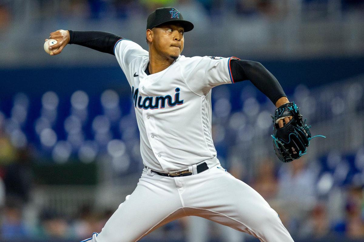 Miami Marlins pitcher Elieser Hernandez (57) throws the ball during the first inning of an MLB game against the Seattle Mariners at loanDepot park in the Little Havana neighborhood of Miami, Florida, on Friday, April 29, 2022.