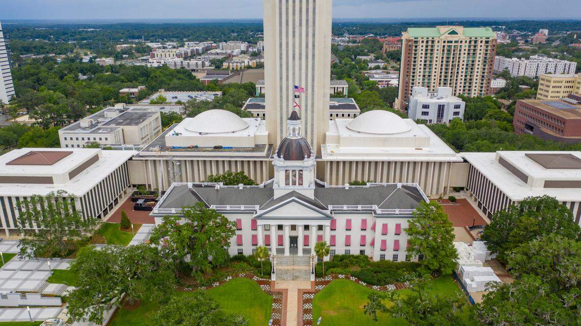 An aerial photo of the Florida State Capitol in Tallahassee, Florida.