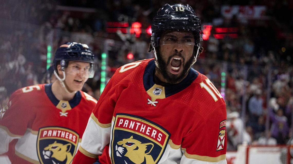 Florida Panthers left wing Anthony Duclair (10) yells after scoring a goal during the second period of Game 3 of the Eastern Conference second-round NHL Stanley Cup series on Sunday, May 7, 2023, at FLA Live Arena. The score was tied 2-2 at the end of the second period.