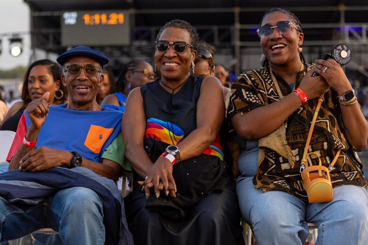 Festival goers listen to live music from their seats during Jazz in the Gardens at Hard Rock Stadium Arena in Miami Gardens, Florida, on Saturday, March 9, 2024.