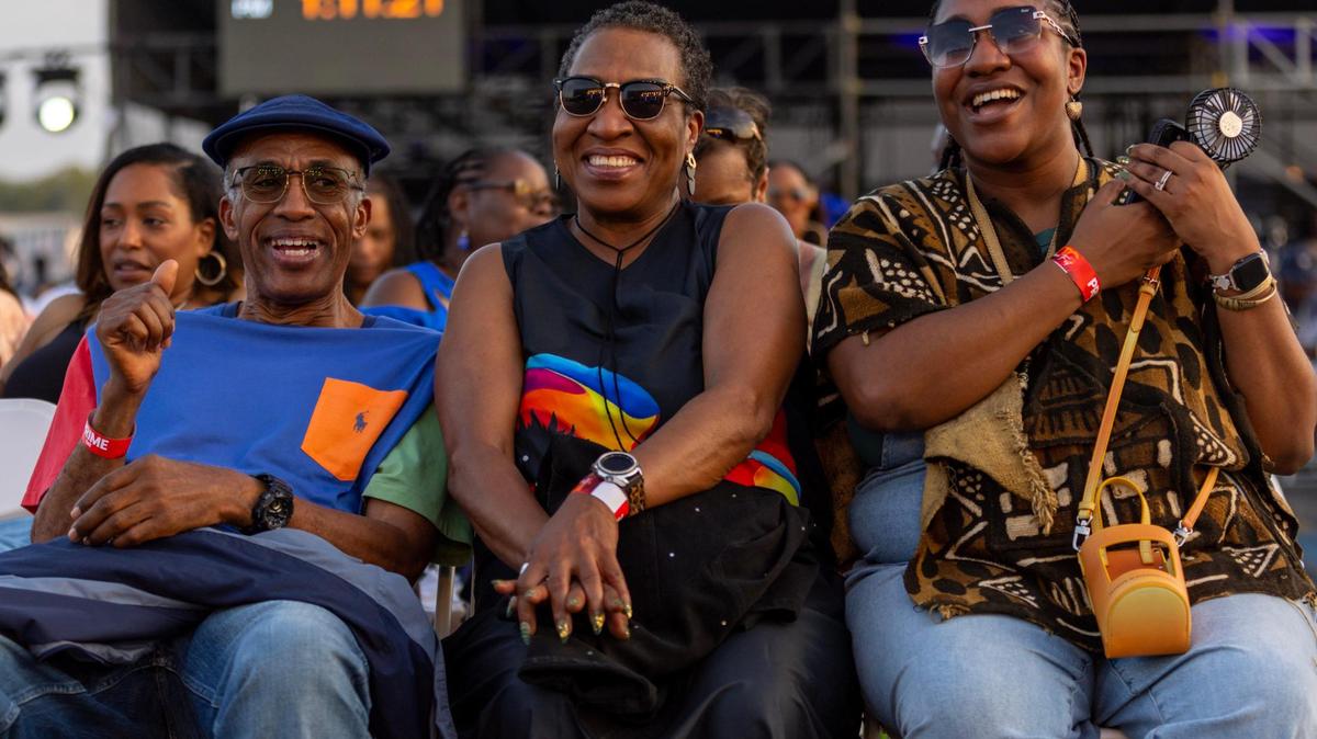 Festival goers listen to live music from their seats during Jazz in the Gardens at Hard Rock Stadium Arena in Miami Gardens, Florida, on Saturday, March 9, 2024.