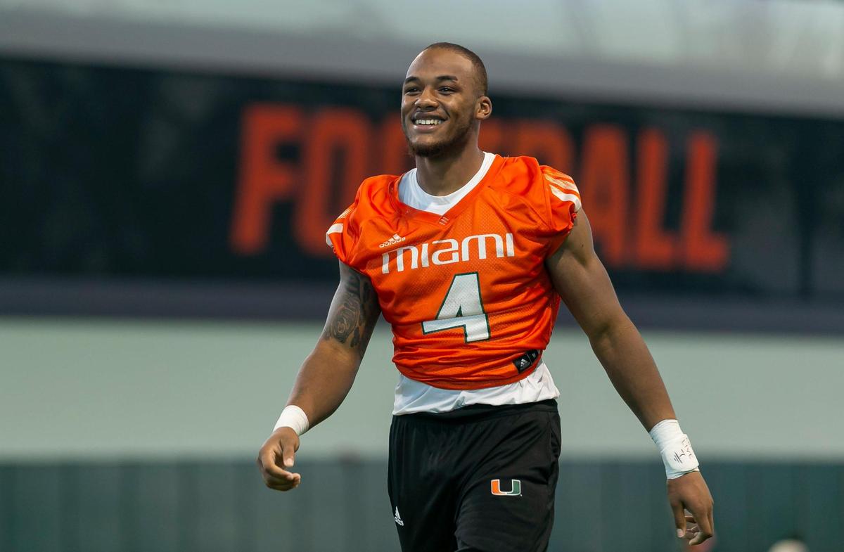 Miami Hurricanes running back Jaylan Knighton (4) talks during a press conference at the University of Miami on Monday, Aug. 8, 2022, in Coral Gables, Fla.
