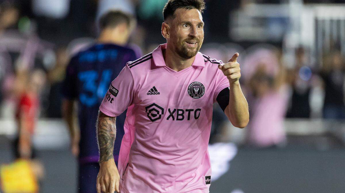 Inter Miami forward Lionel Messi (10) celebrates after scoring against Charlotte FC in their Leagues Cup quarterfinal match at DRV PNK Stadium on Aug. 11, 2023, in Fort Lauderdale, Fla. He will play in the season finale at Charlotte Oct. 21, 2023 after missing five of six games with an injury