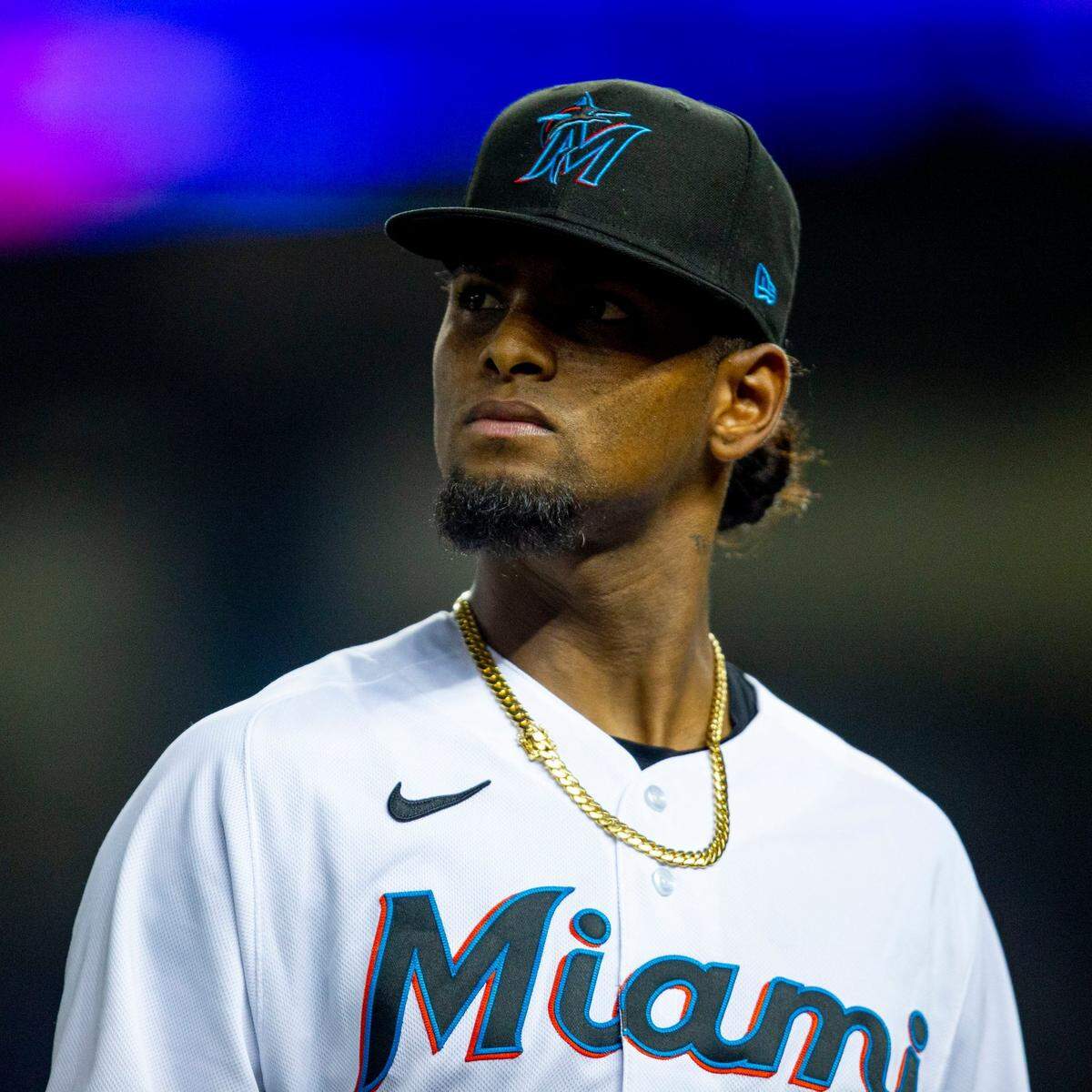 Miami Marlins pitcher Edward Cabrera (79) walks off the field after the second inning of an MLB game against the New York Mets at loanDepot park in the Little Havana neighborhood of Miami, Florida, on Tuesday, September 7, 2021.