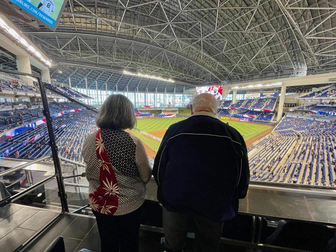 Miami-Dade Mayor Daniella Levine Cava and her father, Paul Levine, at loanDepot Park on April 1, 2021.